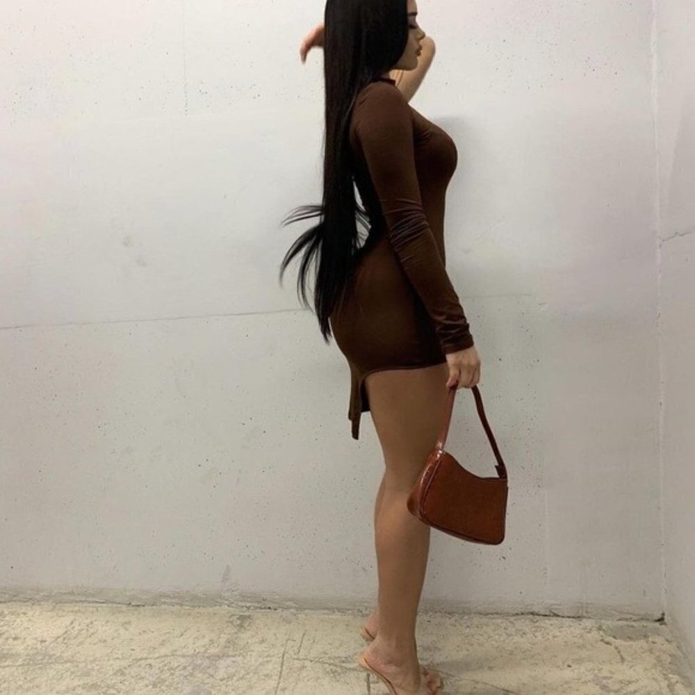 NEW Chocolate Brown Slit Cut Out One Sleeve Mock Neck Dress